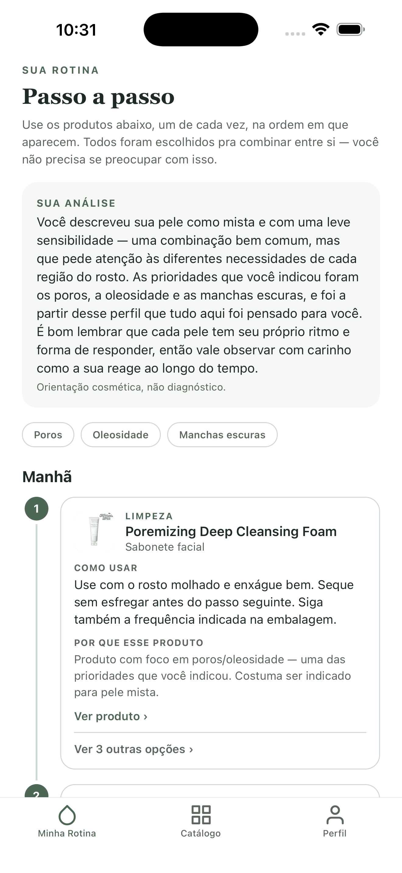 Tela do app mostrando a rotina passo a passo, com a análise do perfil e o primeiro passo da manhã